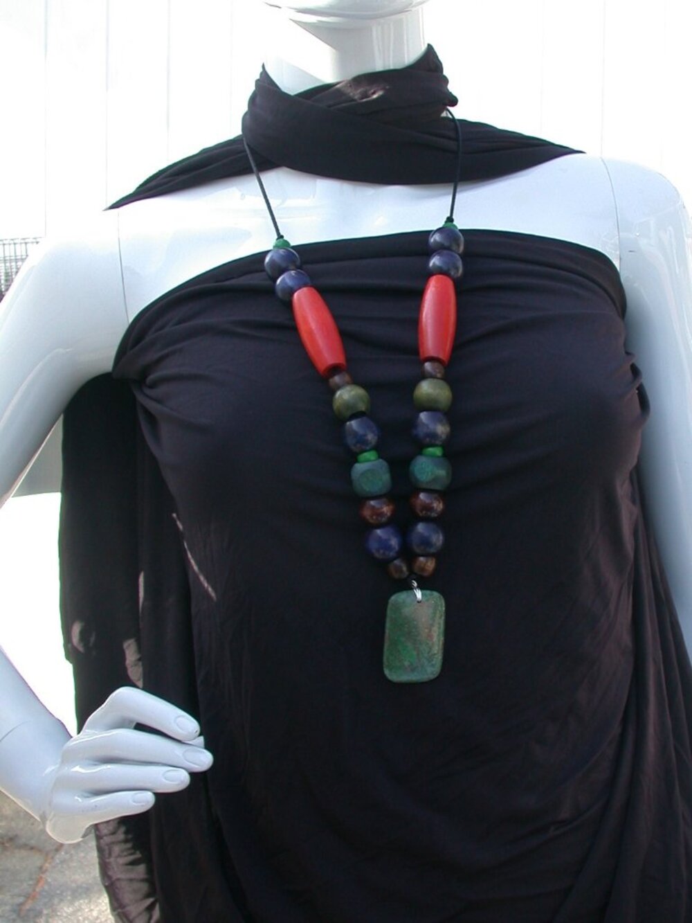 Green Jasper Stone and Wood Bead Necklace One Of A Kind